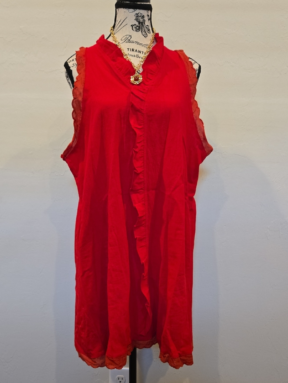 Red Ruffle Trim Sleeveless Sundress 100% Cotton  2X Best Fit 1X 2X
